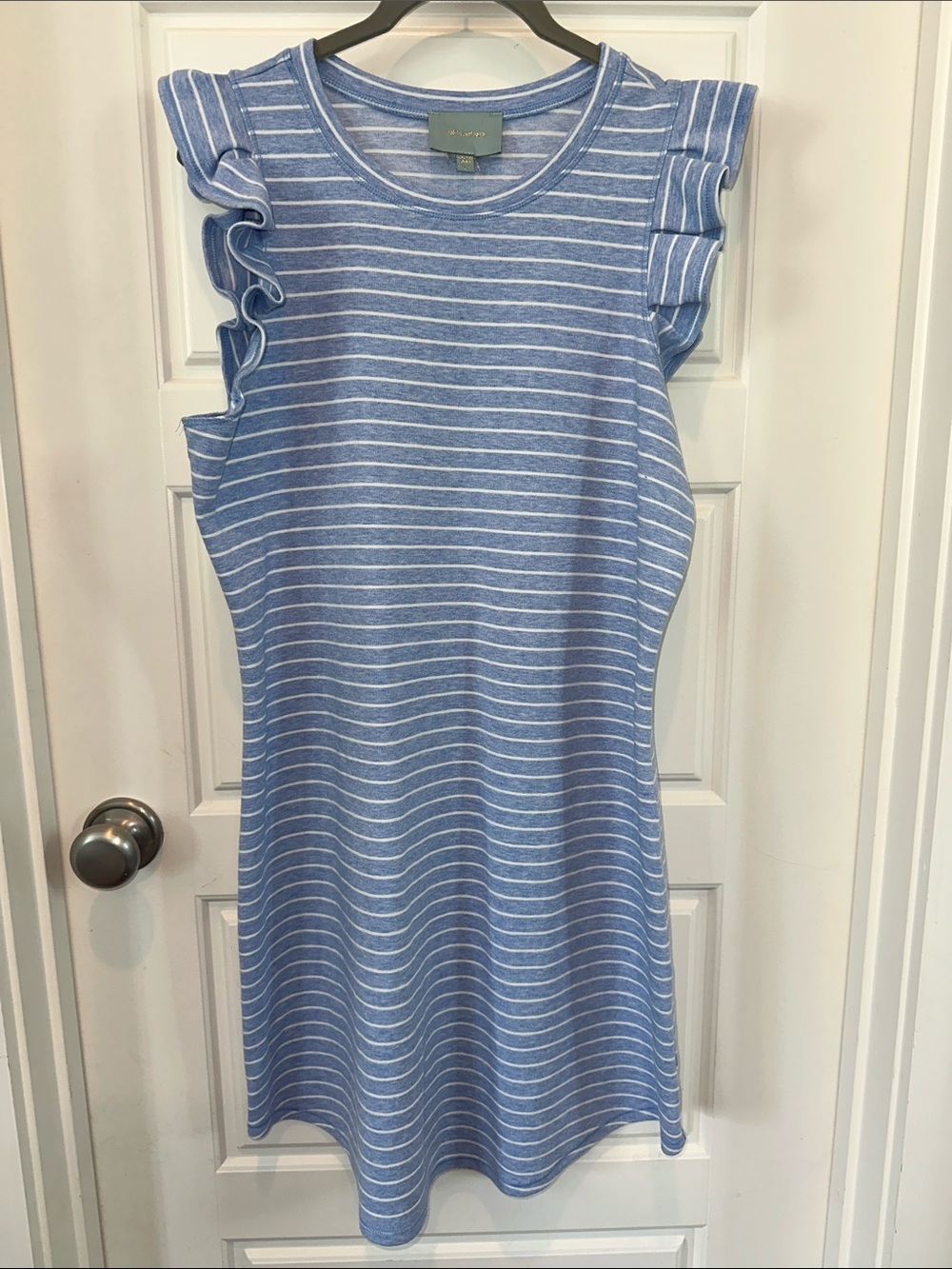 Skies Are Blue Blue and White Striped Ruffle Sleeve Mini Dress